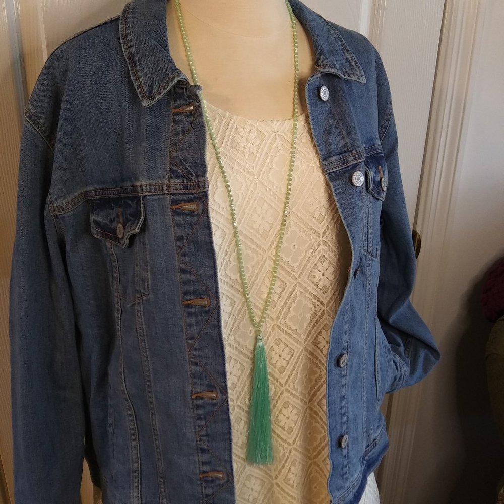 Mint Silky Tassel Skinny Necklace Made with Pale Mint and White Beads | New